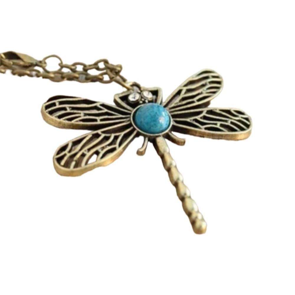 DRAGONFLY Long Chain Bronze Turquoise Sweater Necklace Retro Boho Hippie - Picture 3 of 11